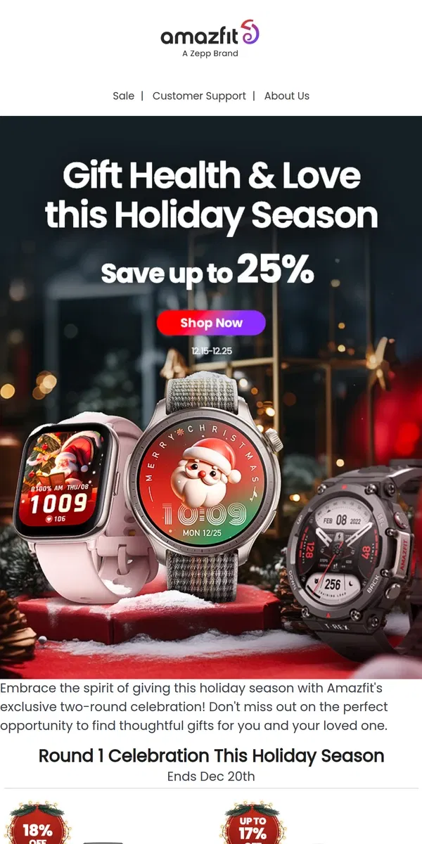 Email from Amazfit. Gift Health & Love this Holiday Season with up to 25% off.