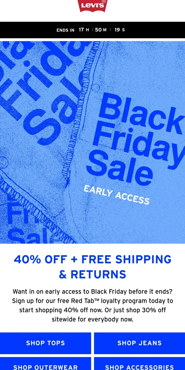 Email from Levi's. Last day to shop 40% off