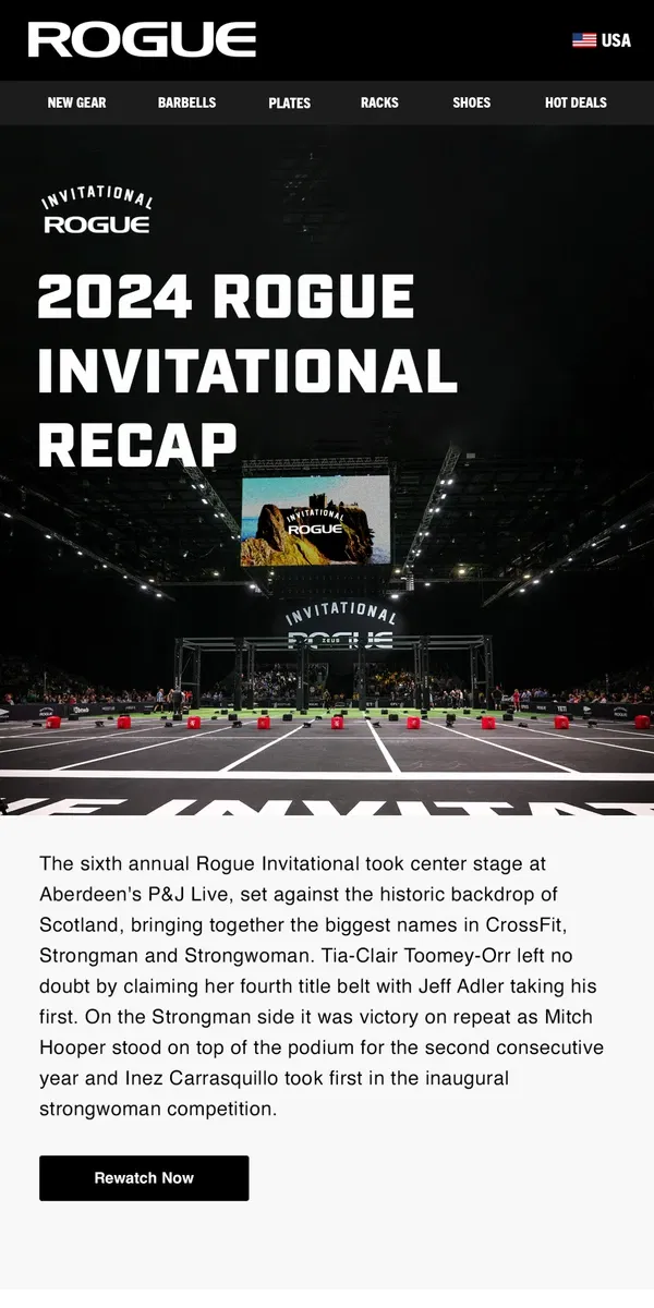 Email from Rogue Fitness. 2024 Rogue Invitational Recap