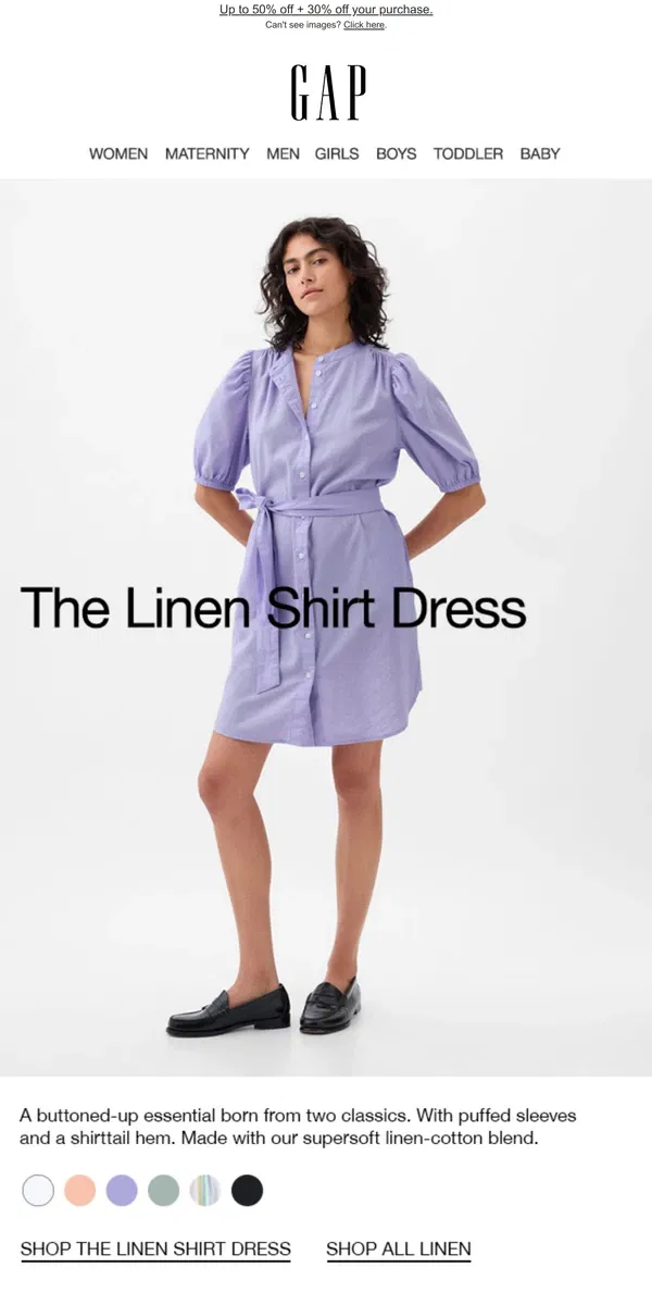 Email from GAP. Just dropped: The Linen Shirt Dress