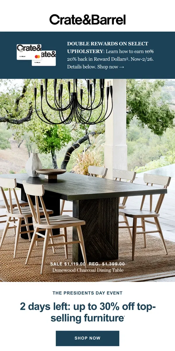 Email from Crate & Barrel. ENDS TOMORROW | Up to 30% off bestselling furniture →