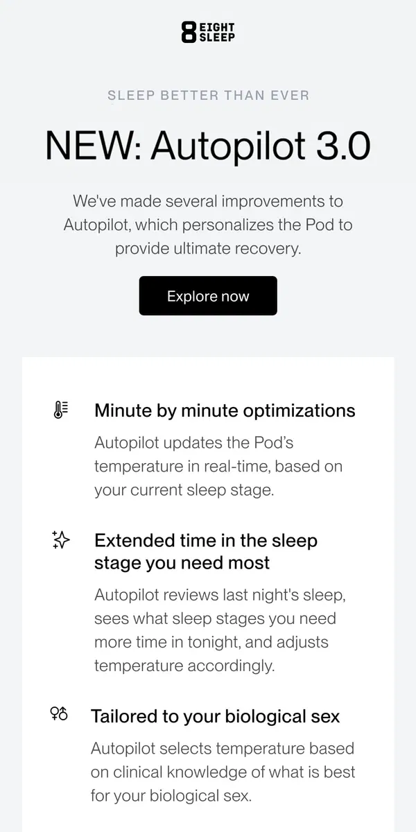 Email from Eight Sleep. NEW: Autopilot 3.0