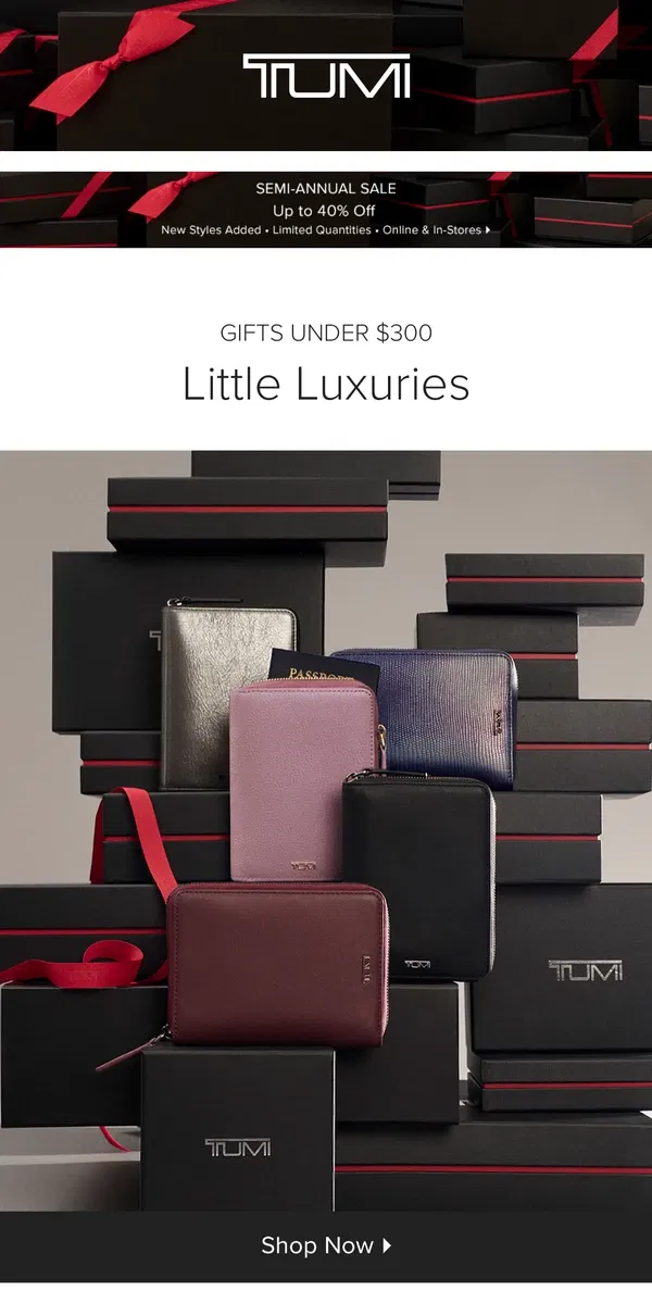 Email from Tumi. Premium Gifts Under $300