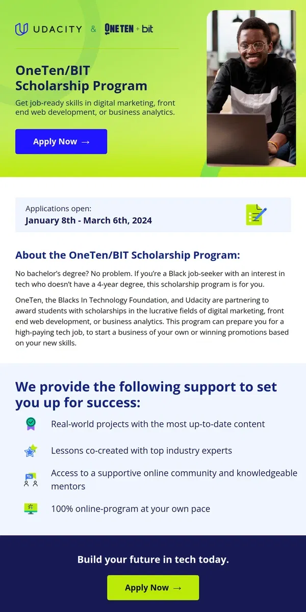 Email from Udacity. Learn for free: OneTen/BIT Scholarship