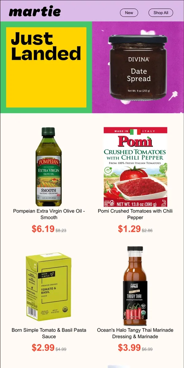 Email from Martie. 🤩 HUGE pantry restock! EVOO, Pomi Crushed 🍅, Born Simple Pasta Sauce and MORE!