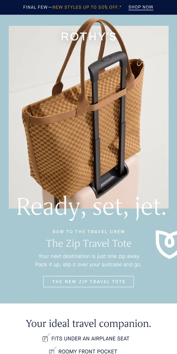 Email from Rothy's. NEW: The Zip Travel Tote. ✈️