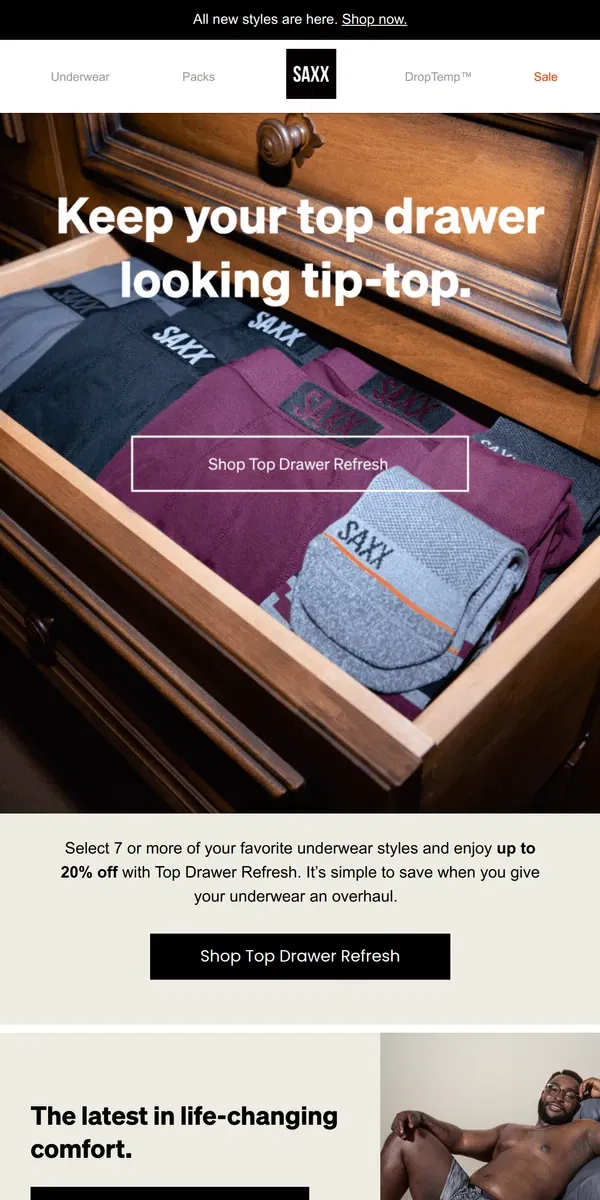 Email from SAXX Underwear. Refresh your top drawer and save up to 20%