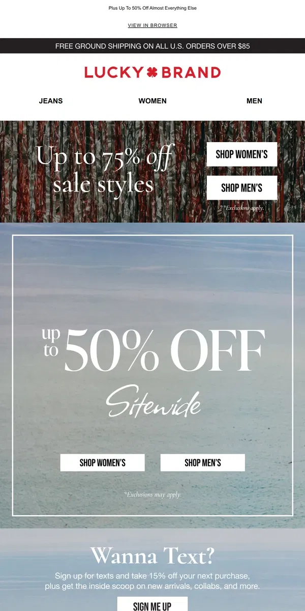 Email from Lucky Brand. Don't Miss Up To 75% Off Sale Styles!