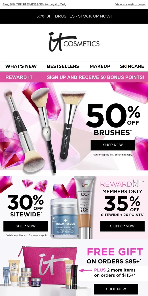 Email from IT Cosmetics. STARTS TODAY: 50% OFF ALL BRUSHES