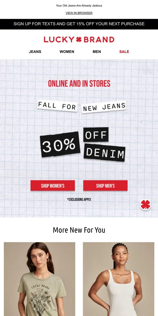 Email from Lucky Brand. Take 30% Off Your Favorite Denim