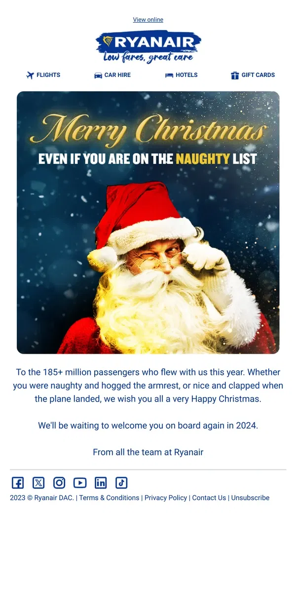 Email from Ryanair. Merry Christmas from Ryanair