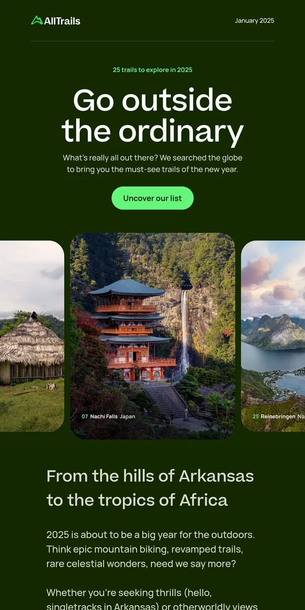 Email from AllTrails. Introducing: The 25 trails to explore in 2025