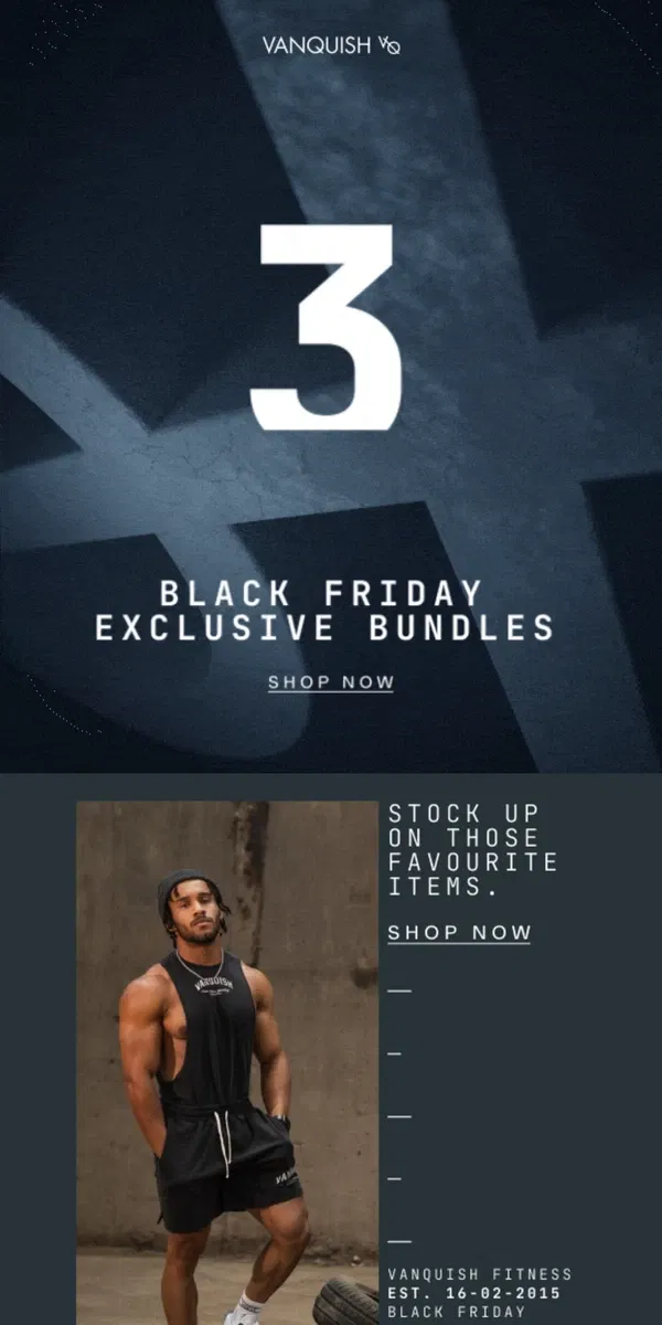 Email from Vanquish Fitness. Black Friday | Shop the bundles edit.