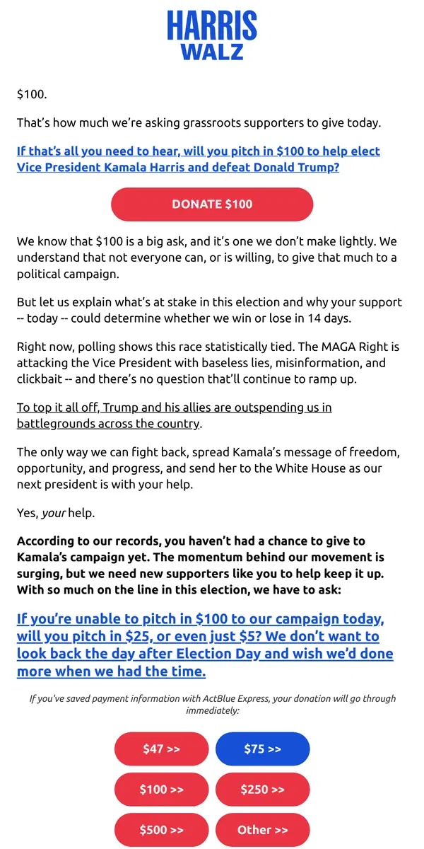 Email from Kamala Harris. A big ask that we don't make lightly.