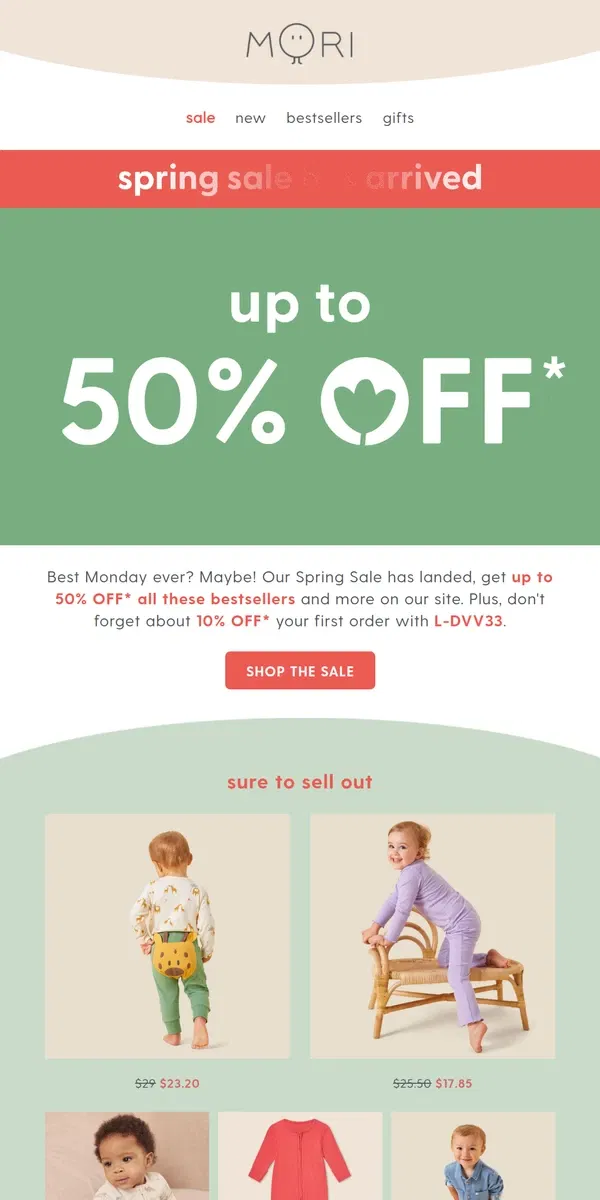 Email from MORI. Spring into action: Up to 50% off sale starts now! 🥳 