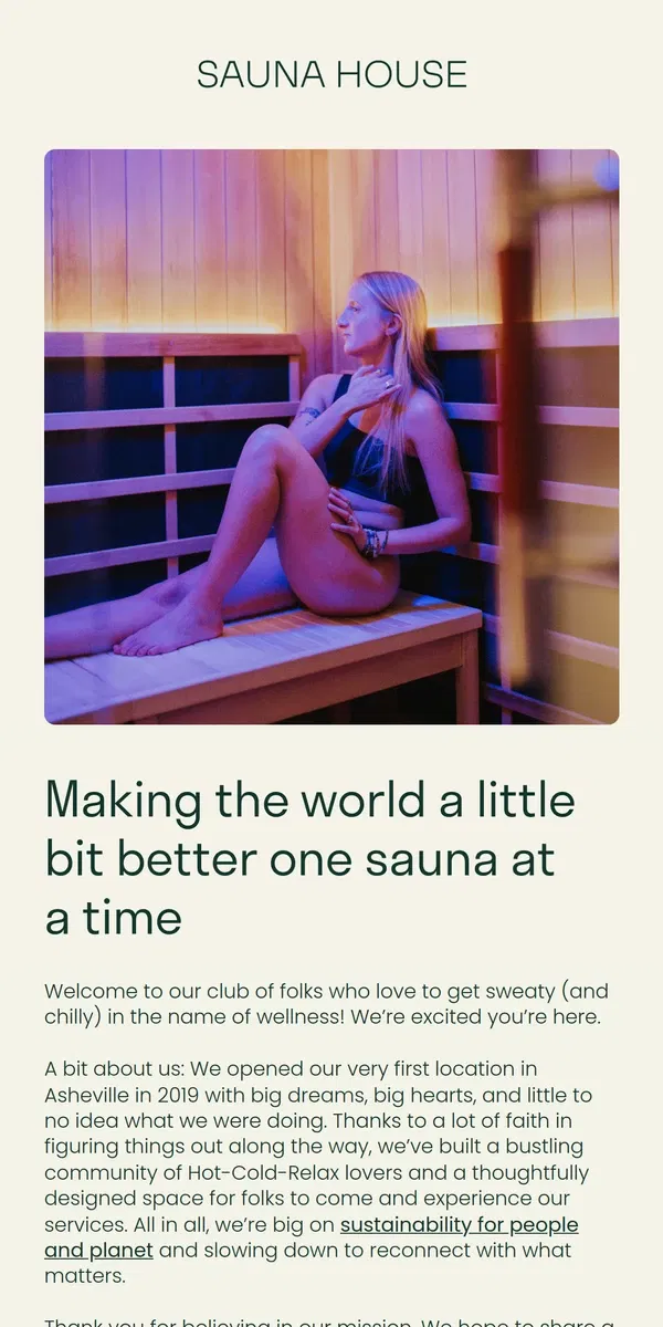 Email from Sauna House. Nice to meet you! We’re Sauna House 👋