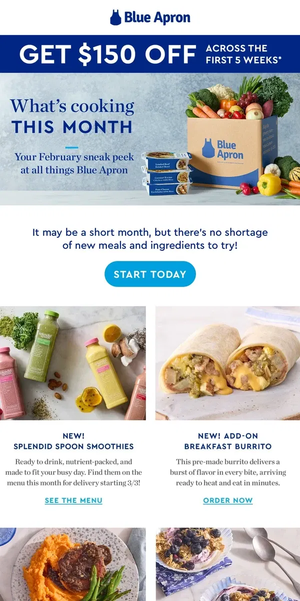 Email from Blue Apron. Your Blue Apron February update + $150 OFF.