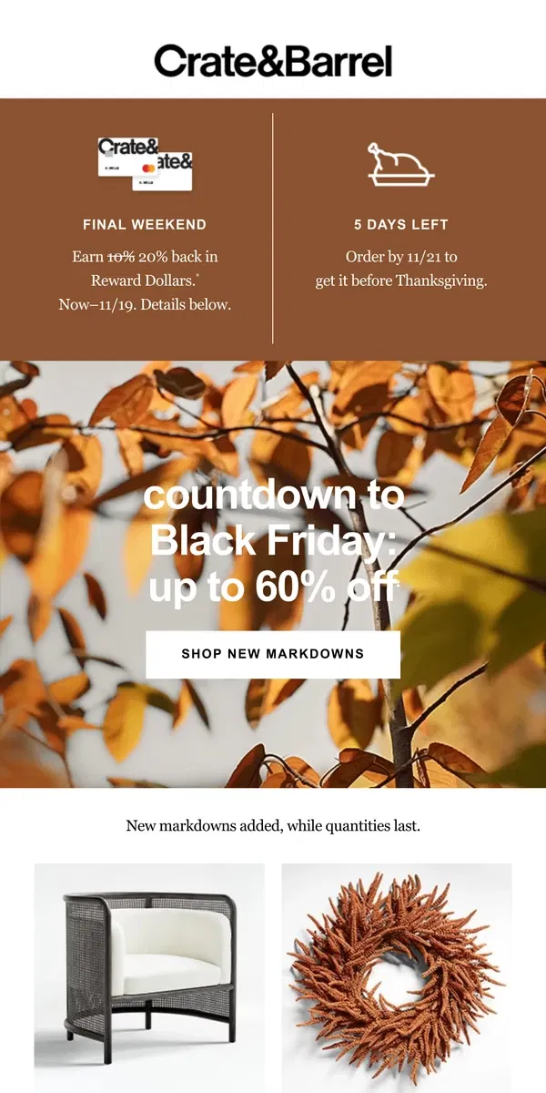 Email from Crate & Barrel. Up to 60% off | The Black Friday countdown is ON!