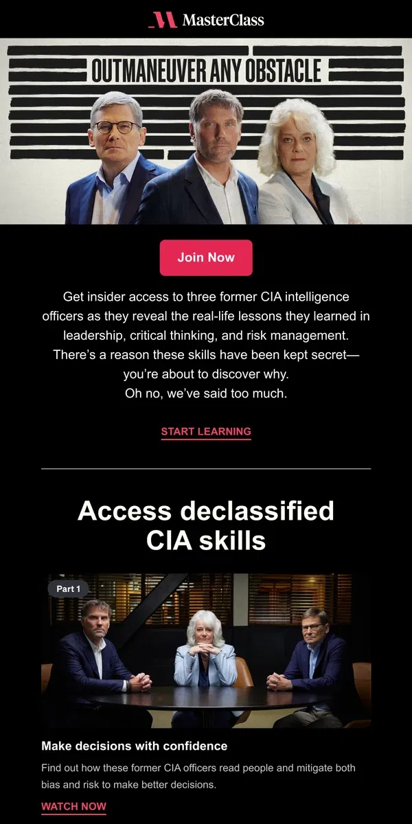 Email from Masterclass. NEW: Outsmart and outperform with these CIA tactics