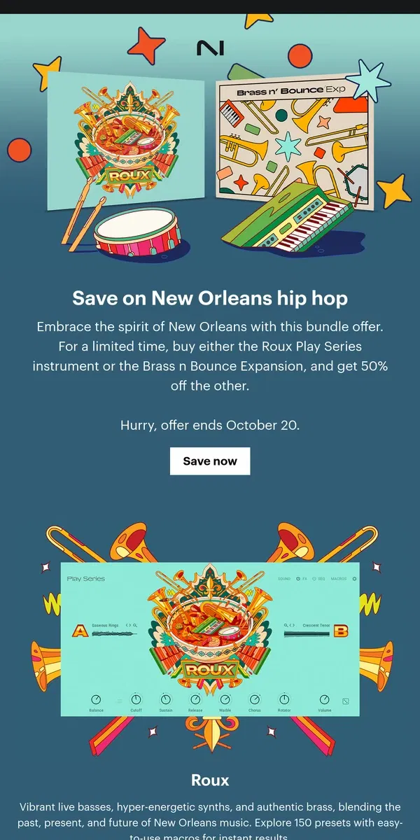 Email from Native Instruments. Hurry to save on a New Orleans hip hop bundle