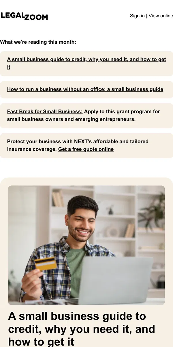 Email from LegalZoom. How to get business loans and credit