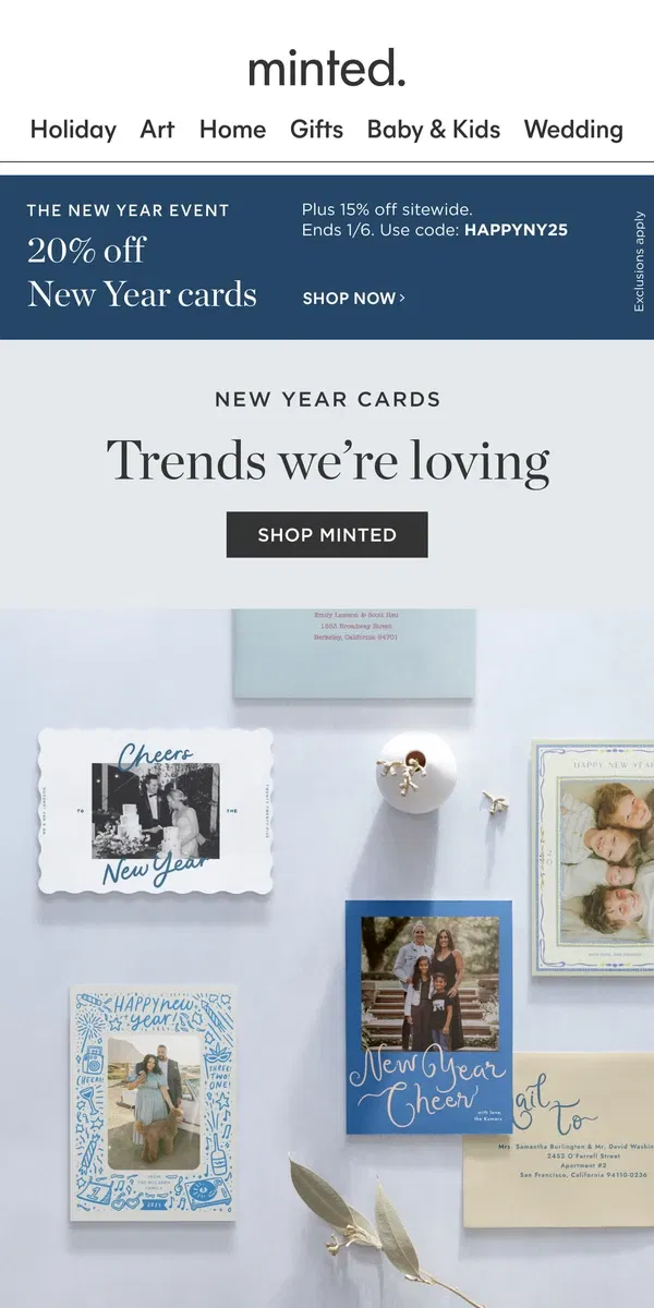 Email from Minted. 2025 New Year card trends 🍾