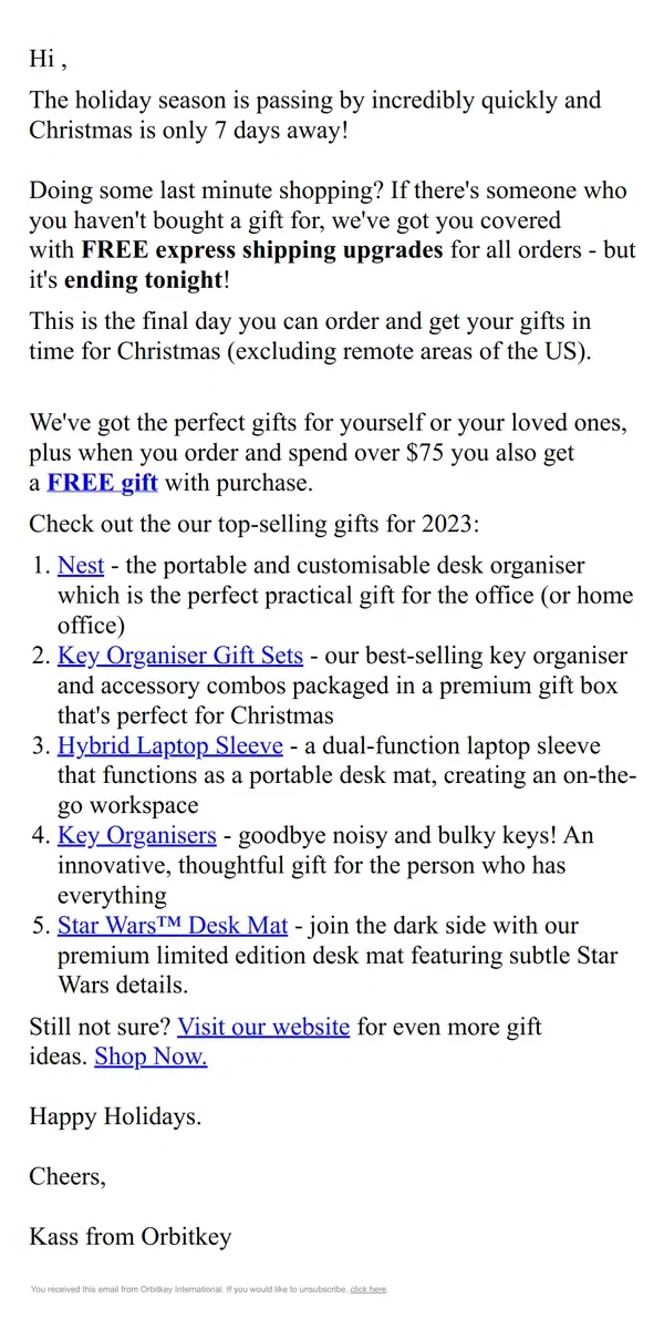 Email from Orbitkey. LAST CHANCE - Get your gifts before Christmas!