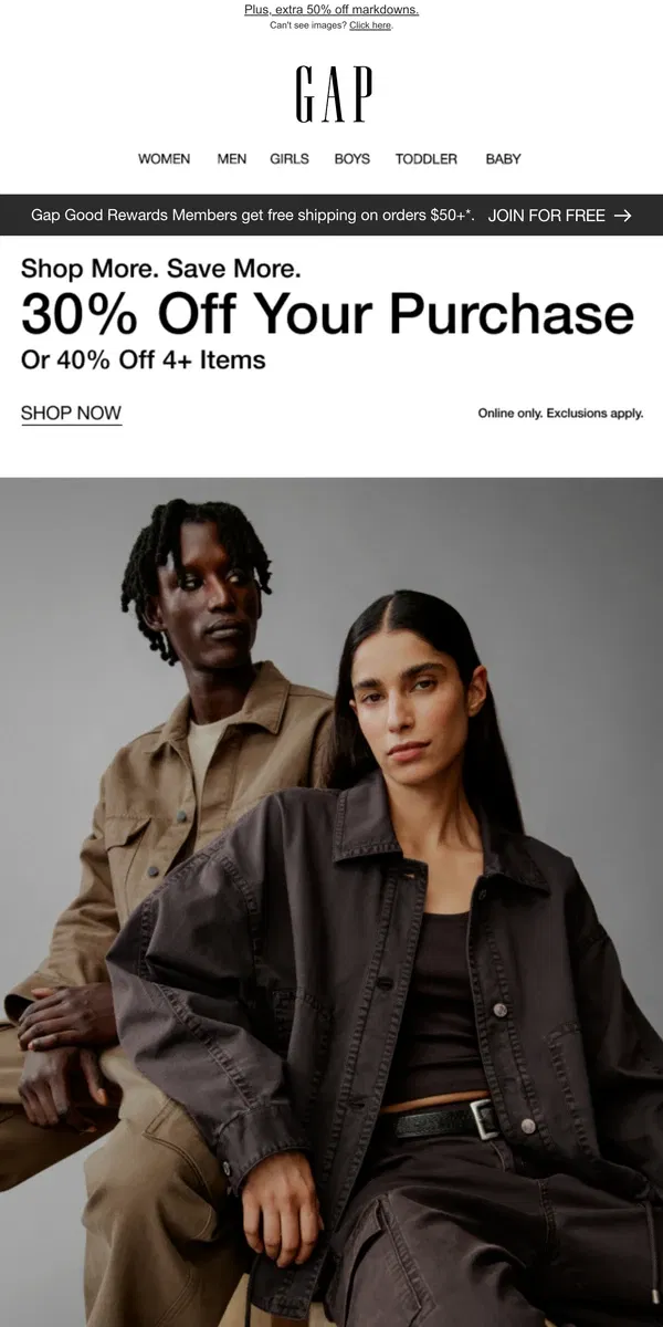 Email from GAP. Final chance to shop 40% off 4+ items