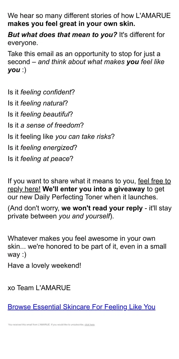 Email from L'AMARUE. What does feeling good in your own skin mean to you?