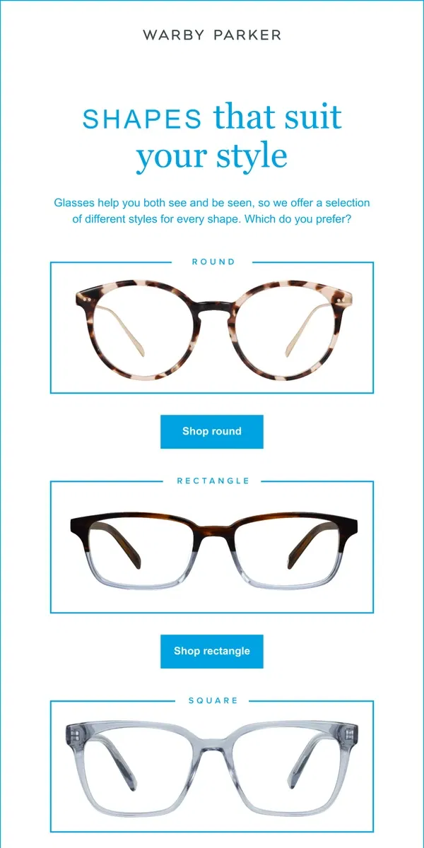 Email from Warby Parker. Frame Shapes 101