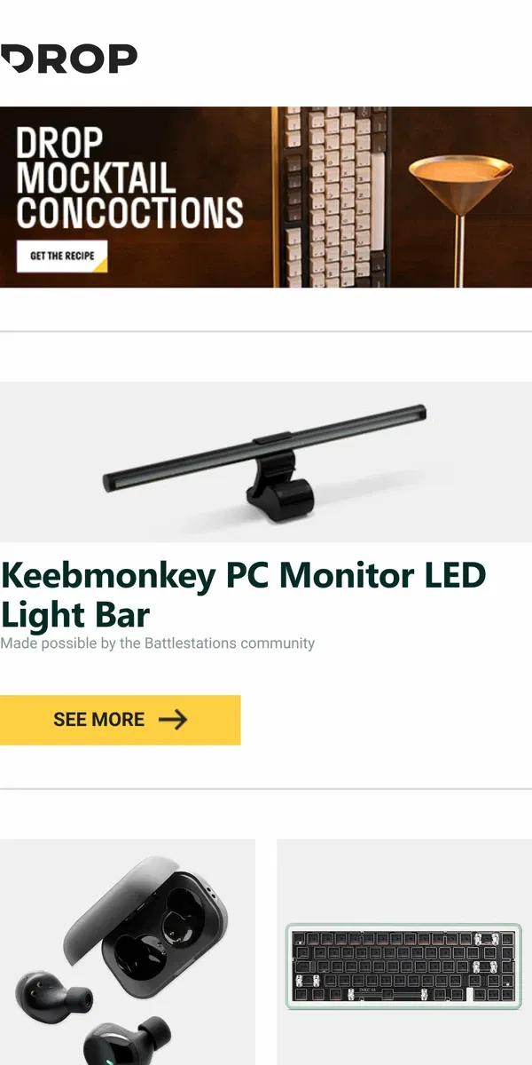 Email from Drop. Keebmonkey PC Monitor LED Light Bar, ADV. Model Y Wireless Earbuds, INKC Studio INKC65 Barebones Mechanical Keyboard Kit and more...