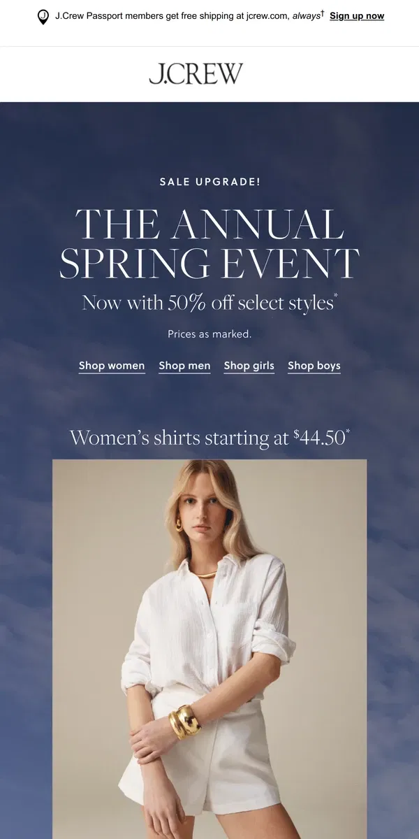 Email from J.Crew. For a limited time only: 50% off select styles