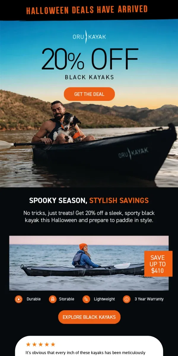 Email from Oru Kayak. 20% Off Black Kayaks 🎃 Spooky Season Savings