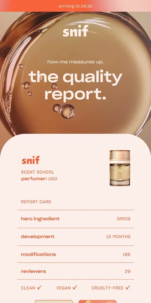 Email from Snif. Snif Me’s report card.