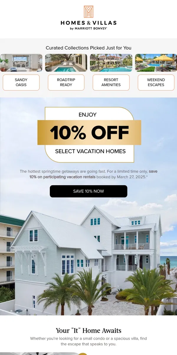 Email from Marriott Bonvoy. [Name], save 10% on select vacation rentals