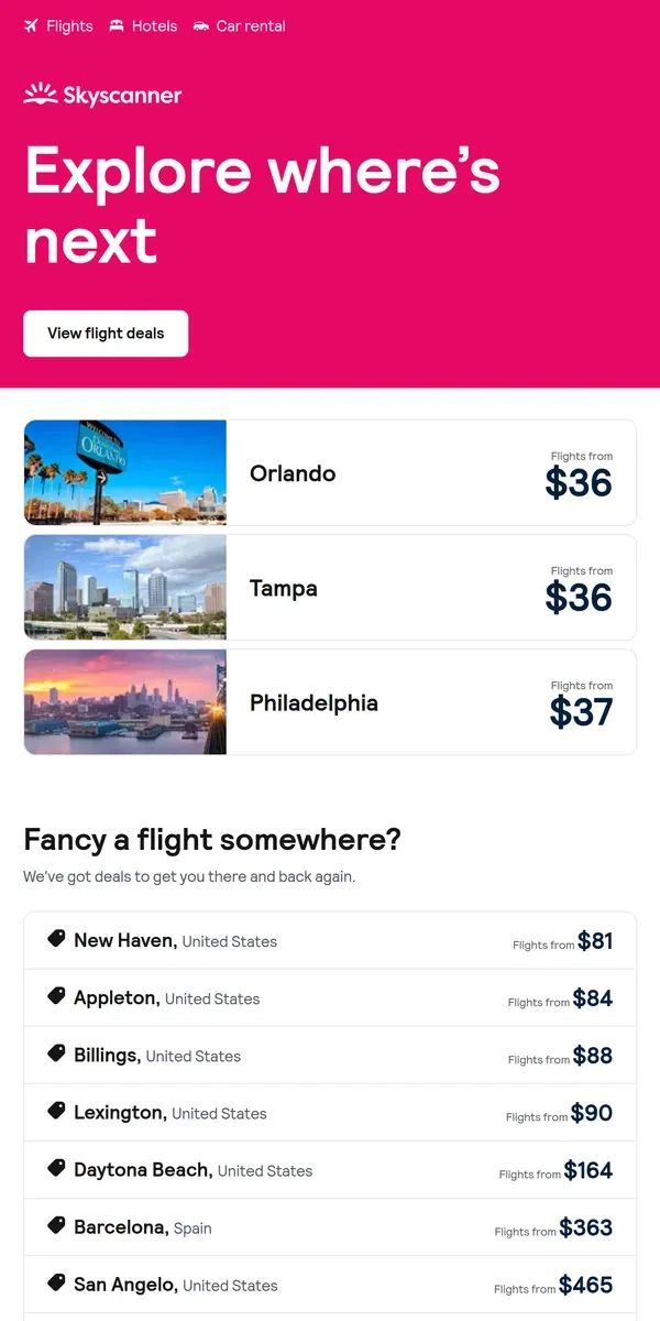 Email from Skyscanner. Orlando from $36 and more ✈️