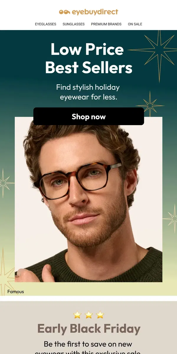 Email from Eyebuydirect. Holiday Looks for Less 👀🎁 