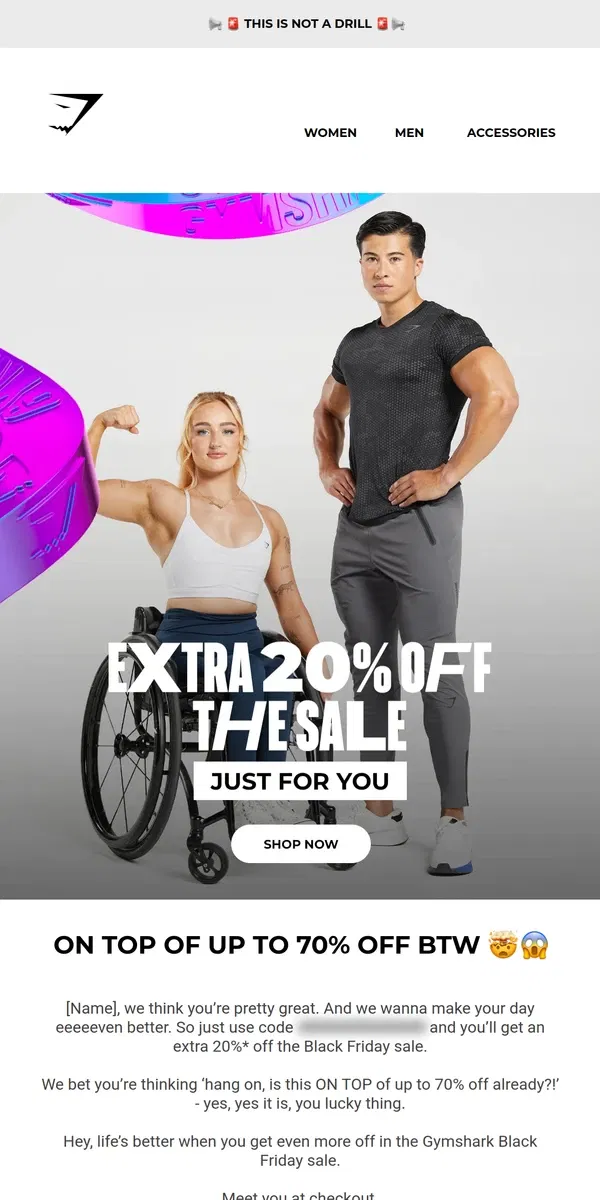 Email from Gymshark. [Name], here’s an extra 20% off the sale