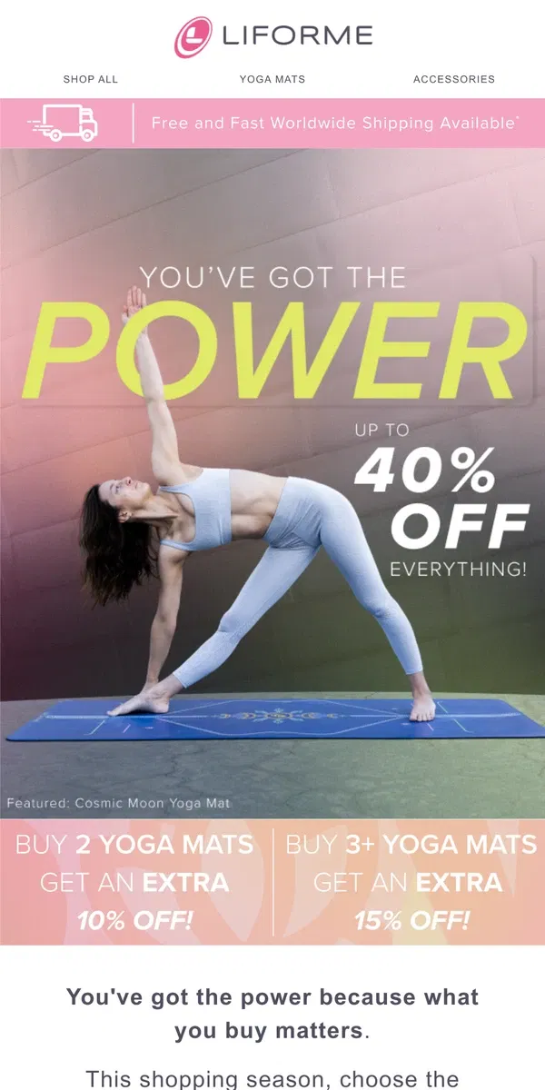 Email from Liforme. Up to 40% Off + Extra Savings on 2+ Yoga Mats! 🎉