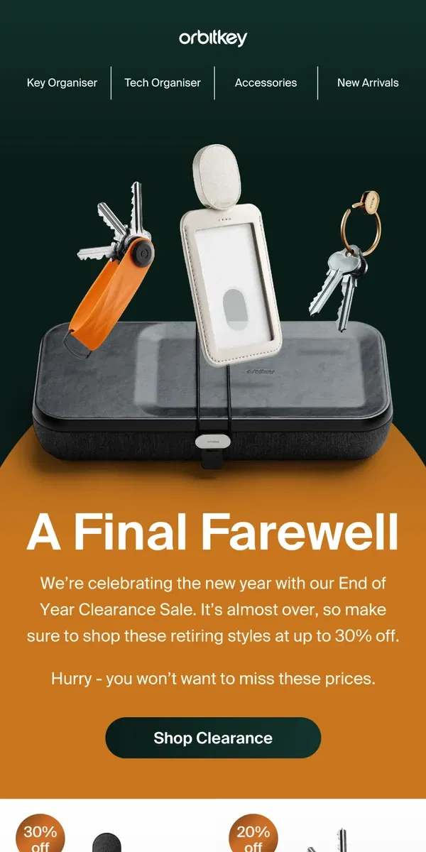 Email from Orbitkey. End of Year Clearance ends soon! Don't miss up to 30% off.