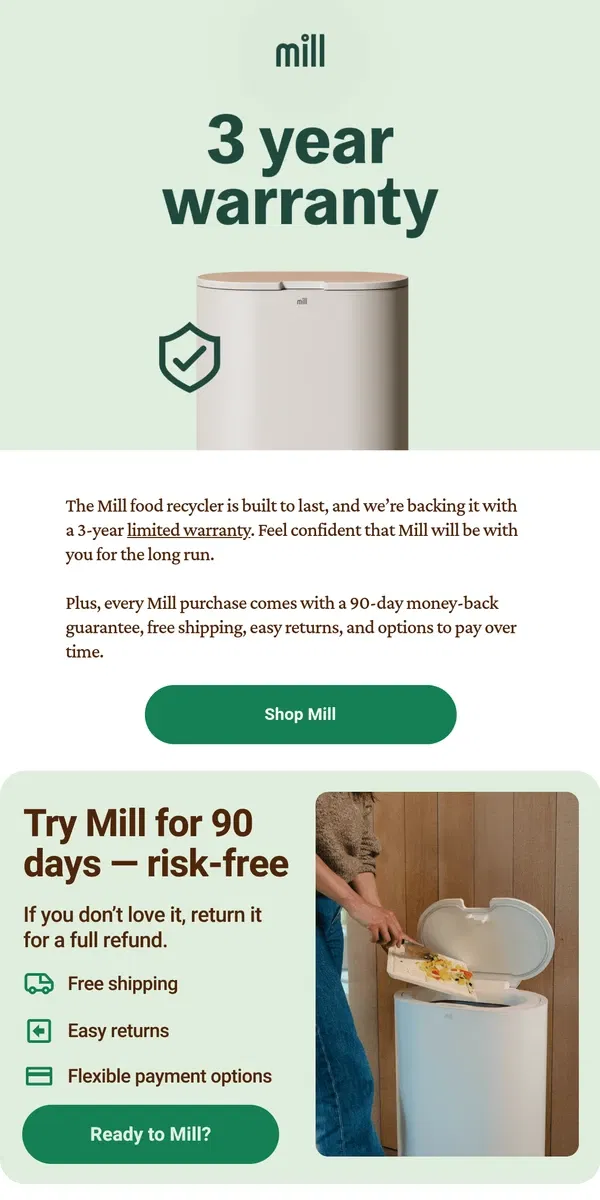 Email from Mill. Built to last