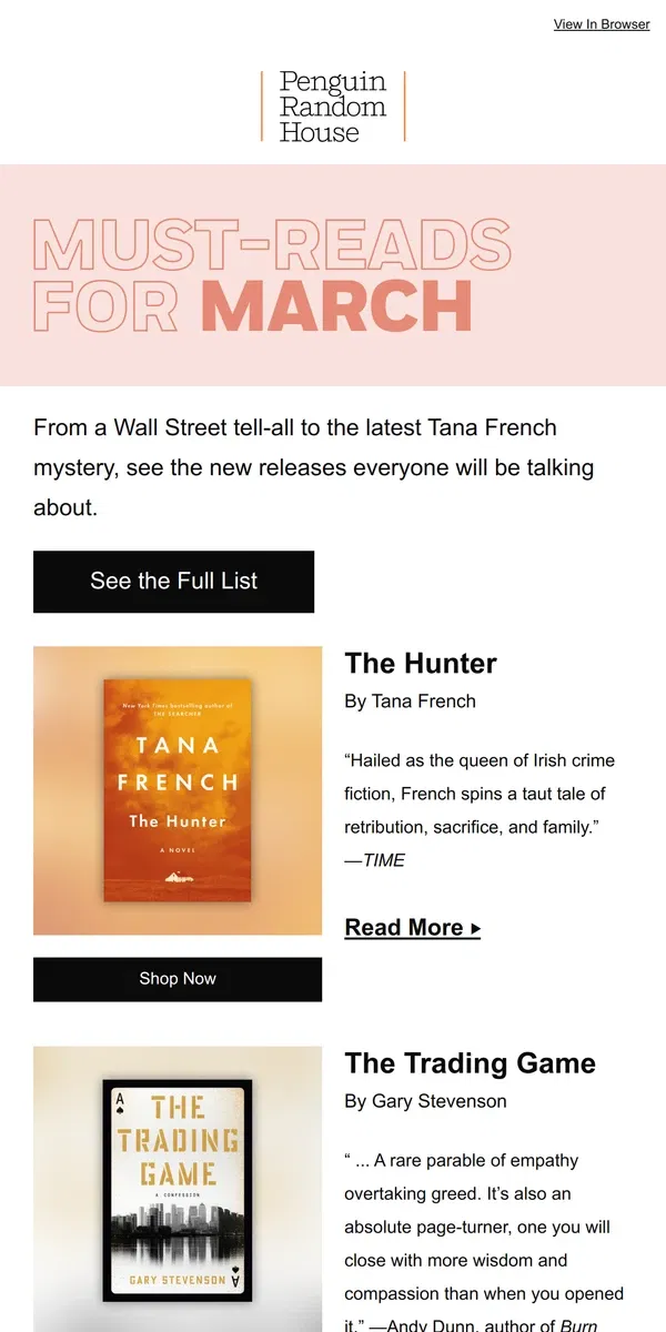 Email from Penguin Random House. Be the First To Read These New March Releases!