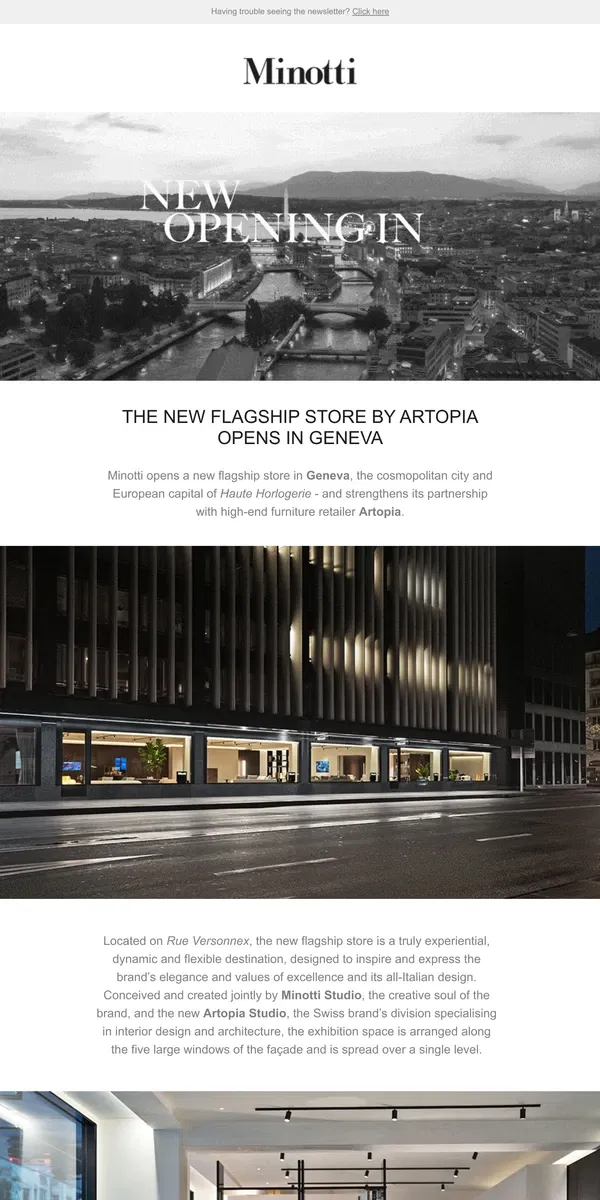 Email from MINOTTI. THE NEW FLAGSHIP STORE BY ARTOPIA OPENS IN GENEVA