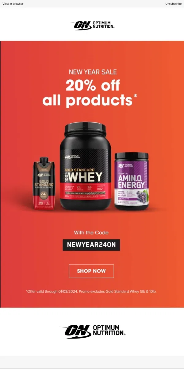 Email from Optimum Nutrition. New Year Sale: 20% Off All Products!