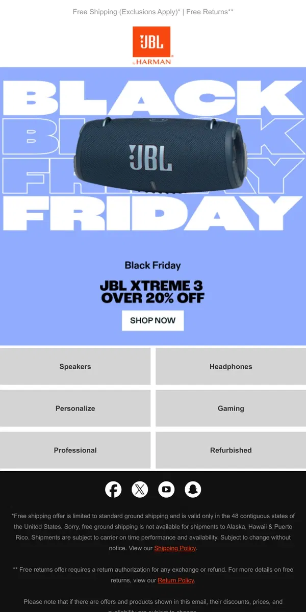 Email from JBL. Lowest price of the year - Black Friday Sale Up to 60% off!