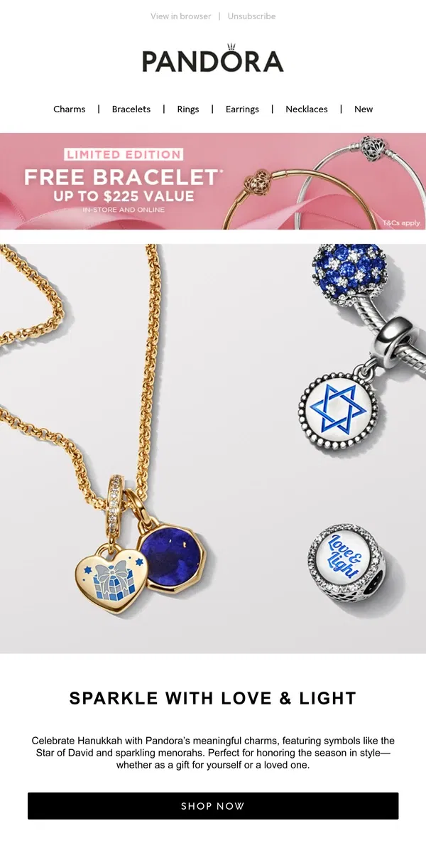 Email from Pandora Jewelry. Celebrate the Light of Hanukkah with Pandora