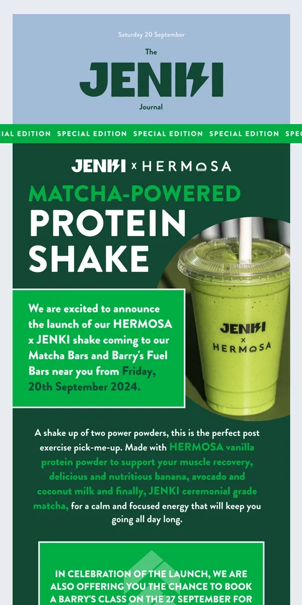 Email from JENKI. The JENKI x HERMOSA Matcha-Powered Protein Shake 💪 🥑