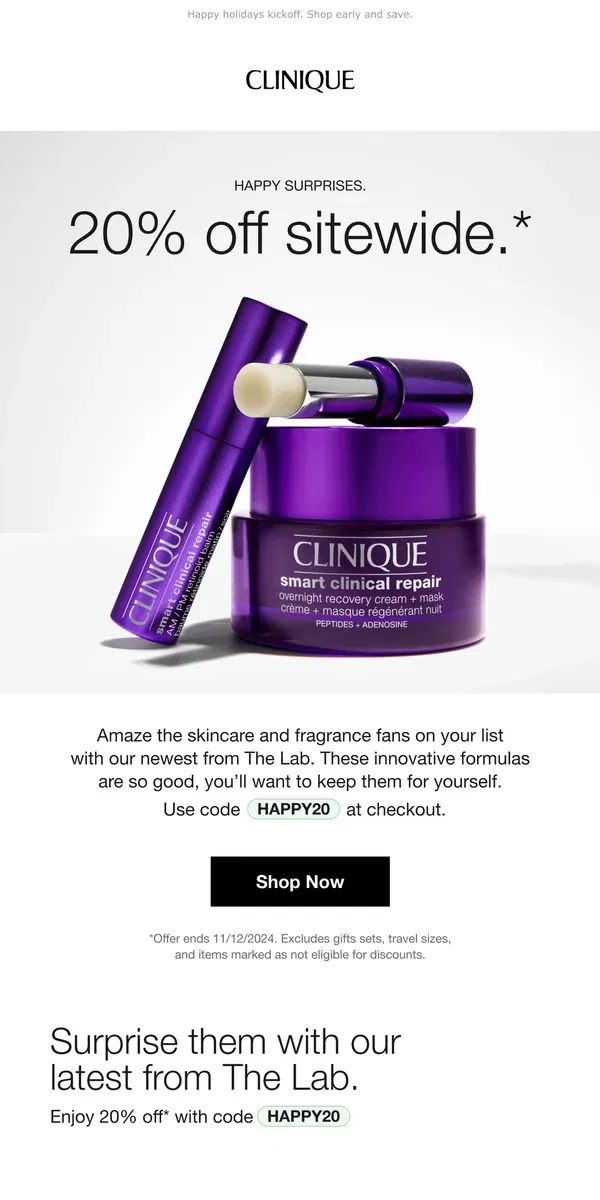 Email from Clinique. New from The Lab 🤩 PLUS 20% off sitewide.