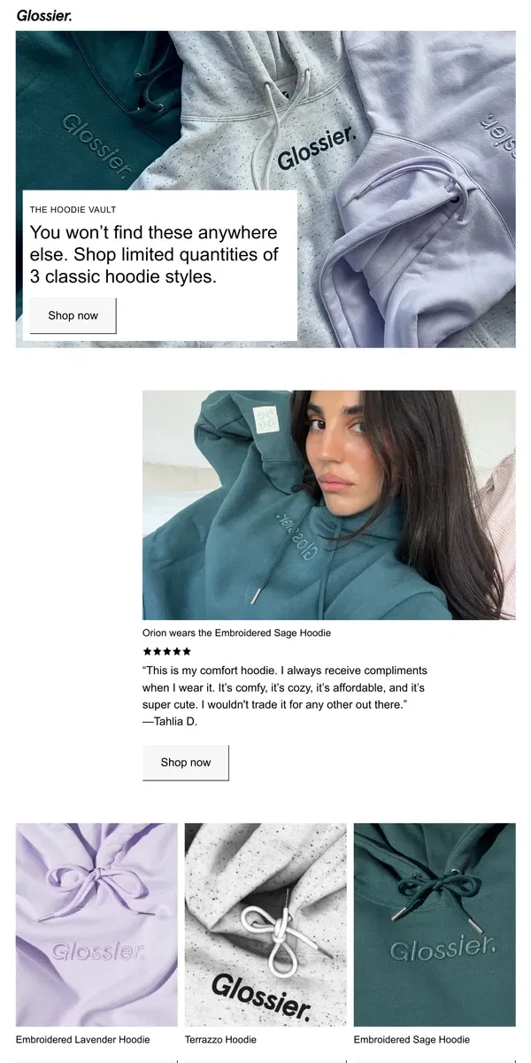 Email from Glossier. Unlock The Hoodie Vault