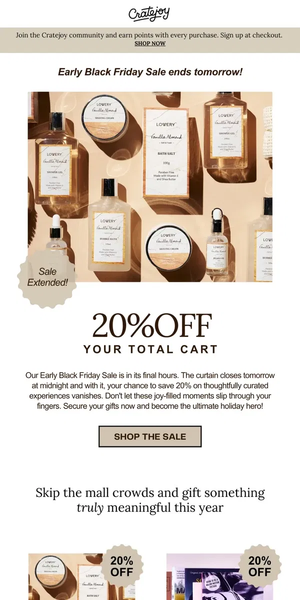 Email from Cratejoy. Don't miss this - 20% off Early Black Friday 💅